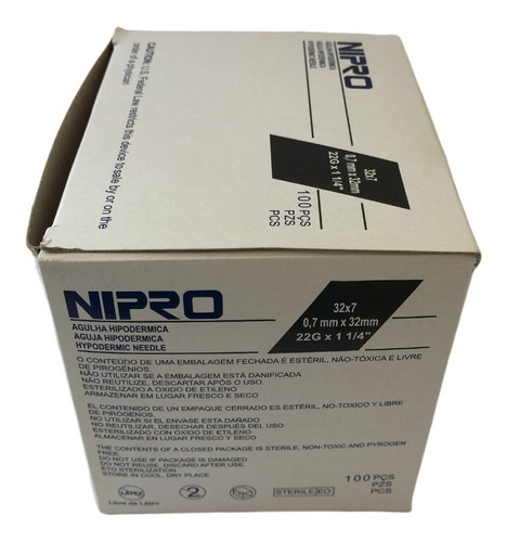 AGUJA HIPODÉRMICA (Nipro) 22Gx1-1/4"(32mm) Cja. c/100 Pzs.