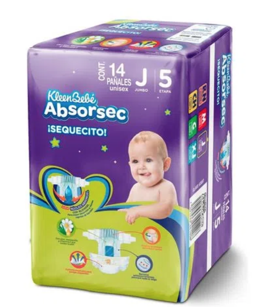KLEENBEBÉ ABSORSEC UNISEX JUMBO (Etapa 5 / 11-14.5 Kg.) c/14 Pzs.