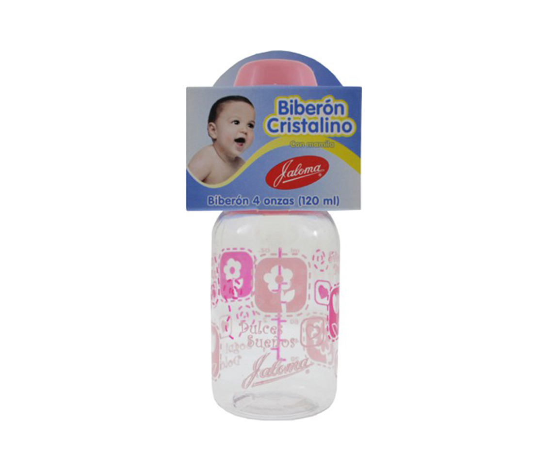 BIBERÓN CRISTALINO c/MAMILA (Jaloma) "Rosa" 4 OZ/120 ML.