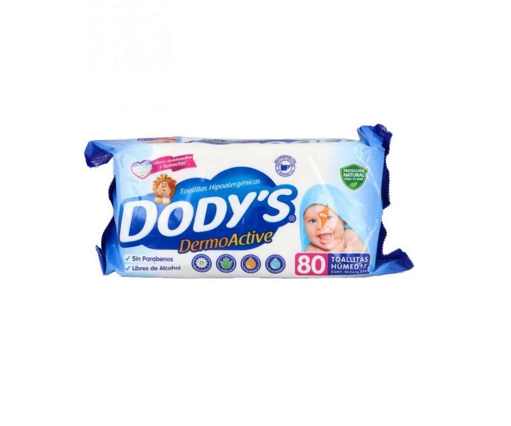 DODYS DERMO ACTIVE (Azul) Toallitas Húmedas 18.2x16.2cm. Paq. c/ 80 Pzs.