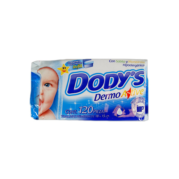 DODYS DERMO ACTIVE (Azul) Toallitas Húmedas 18.2x16.2cm. Paq. c/120 Pzs.
