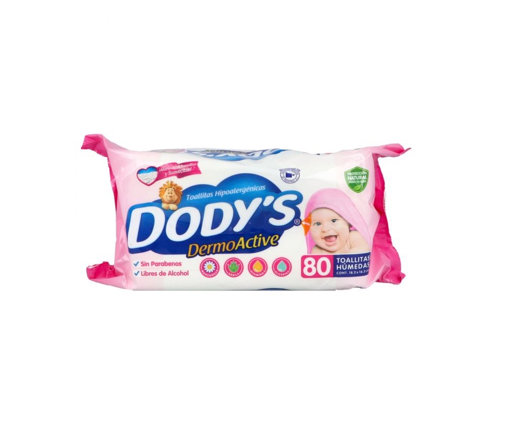 DODYS DERMO ACTIVE (Rosa) Toallitas Húmedas 18.2x16.2cm. Paq. c/ 80 Pzs.