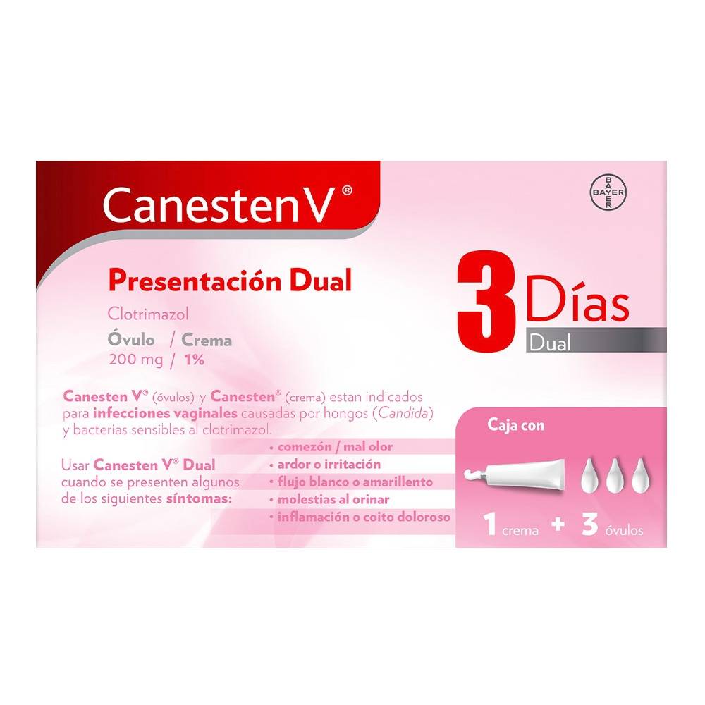 CANESTEN V Dual 3 DÍAS c/3 ÓVULOS 200 MG. y TUBO CREMA 10 G. 1%
