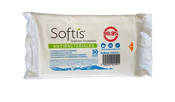 SOFTIS Toallitas Húmedas Antibacteriales Paq. c/30 Pzs. 18x14cm.