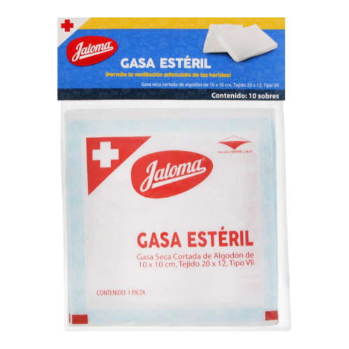 GASA SIMPLE ESTÉRIL (Jaloma) 10x10cm. T20x12, 8C. Bolsa c/10 Sobs.