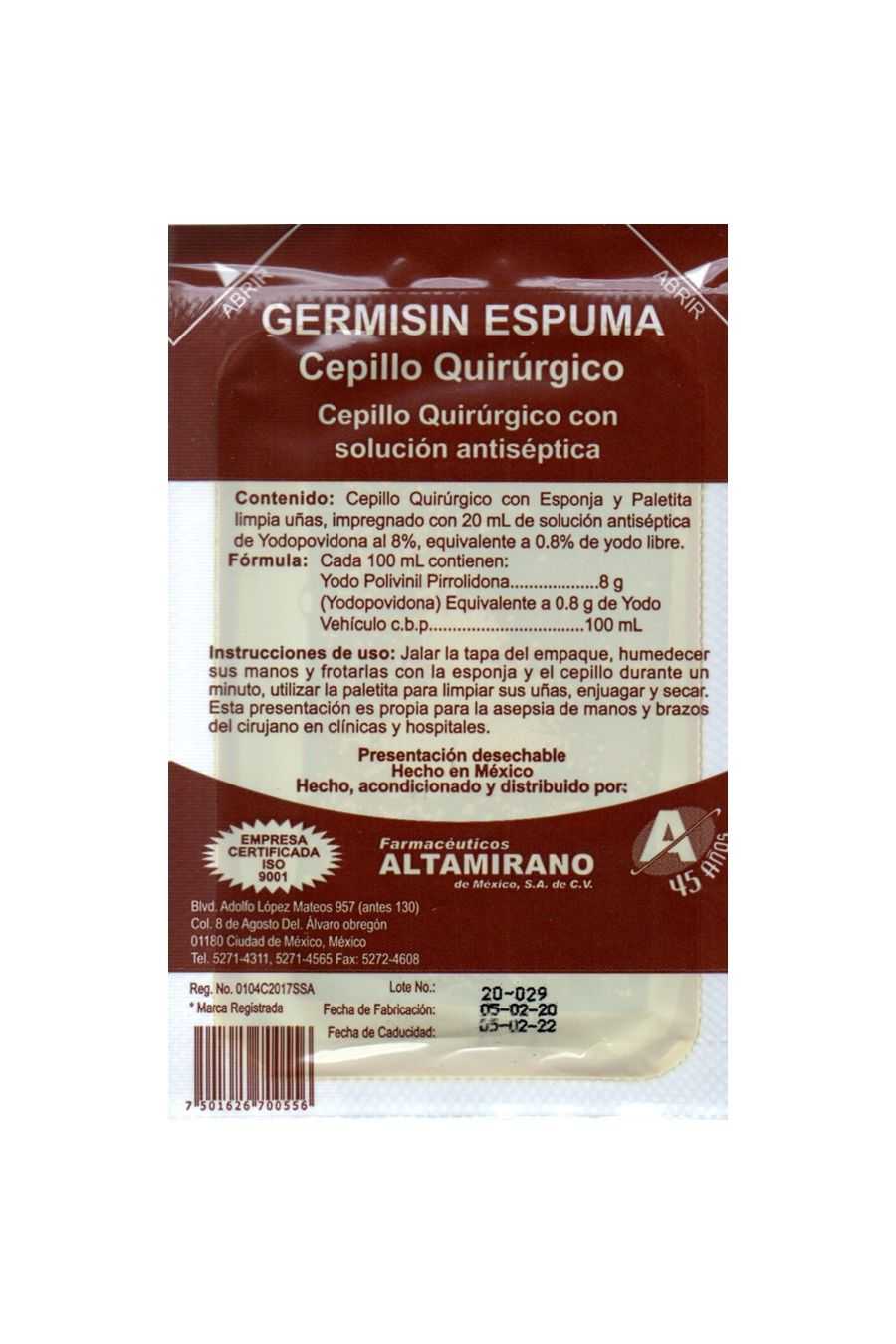 GERMISIN ESPUMA Cepillo Quirúrgico c/1 Pza. 8 G/100 ML.