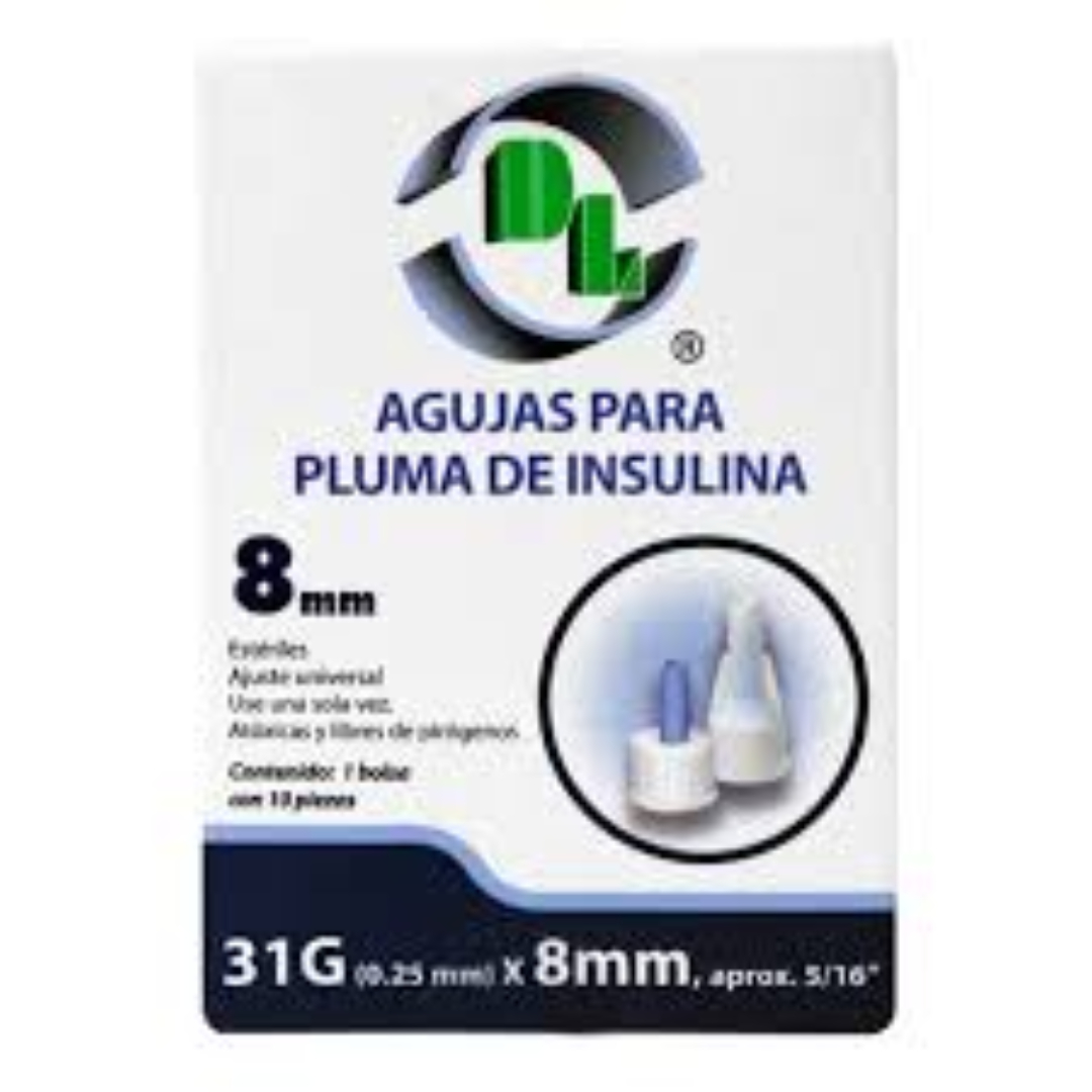 AGUJAS PARA PLUMA DE INSULINA (DL) 31Gx8mm. Caja c/10 Pzs.