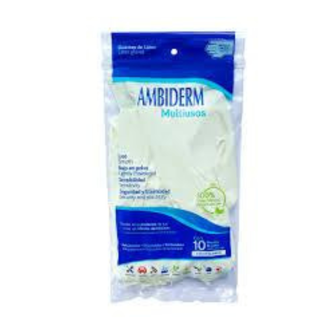 AMBIDERM MULTIUSOS GUANTE LÁTEX Col. Blanco UNITALLA Bolsa c/10 Pzs. 