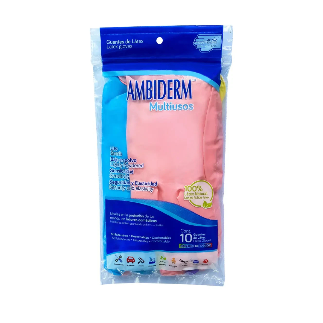 AMBIDERM MULTIUSOS GUANTE LÁTEX Multicolor No Estéril U.T. Bolsa c/10 Pzs. 
