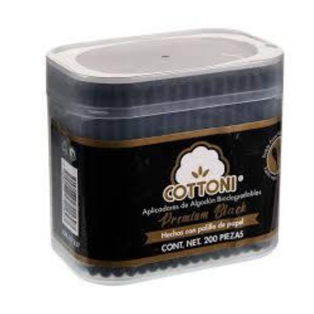 APLICADORES DE ALGODÓN BIODEGRADABLES (Cottoni) Col. Negro Tarro c/200 Pzs. 