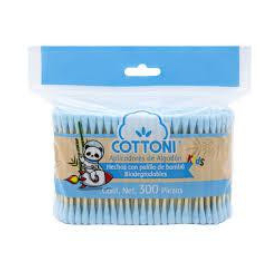APLICADORES DE ALGODÓN Kids BIODEGRADABLES (Cottoni) Col. Azul Bolsa c/300 Pzs.