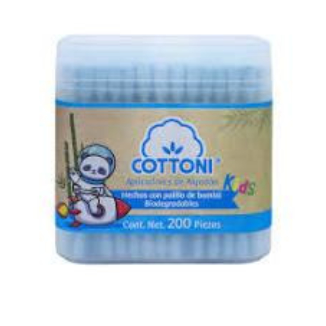 APLICADORES DE ALGODÓN Kids BIODEGRADABLES (Cottoni) Col. Azul Tarro c/200 Pzs.