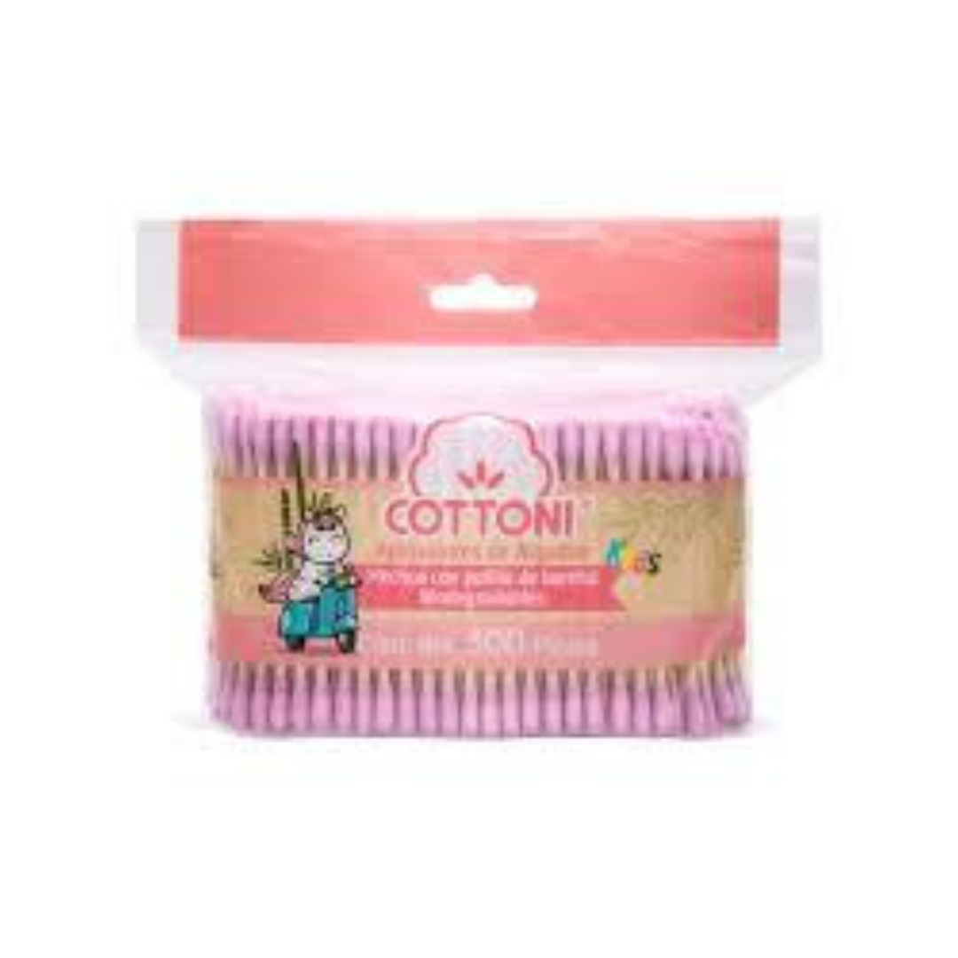 APLICADORES DE ALGODÓN Kids BIODEGRADABLES (Cottoni) Col. Rosa Bolsa c/300 Pzs. 