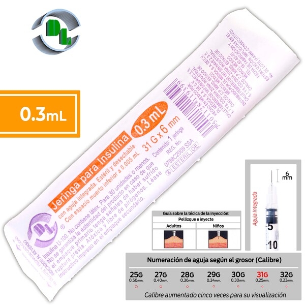 JERINGA  0.3mL. (DL) Insulina c/AGUJA INTEGRADA 31Gx6mm. c/ 1 Pza.