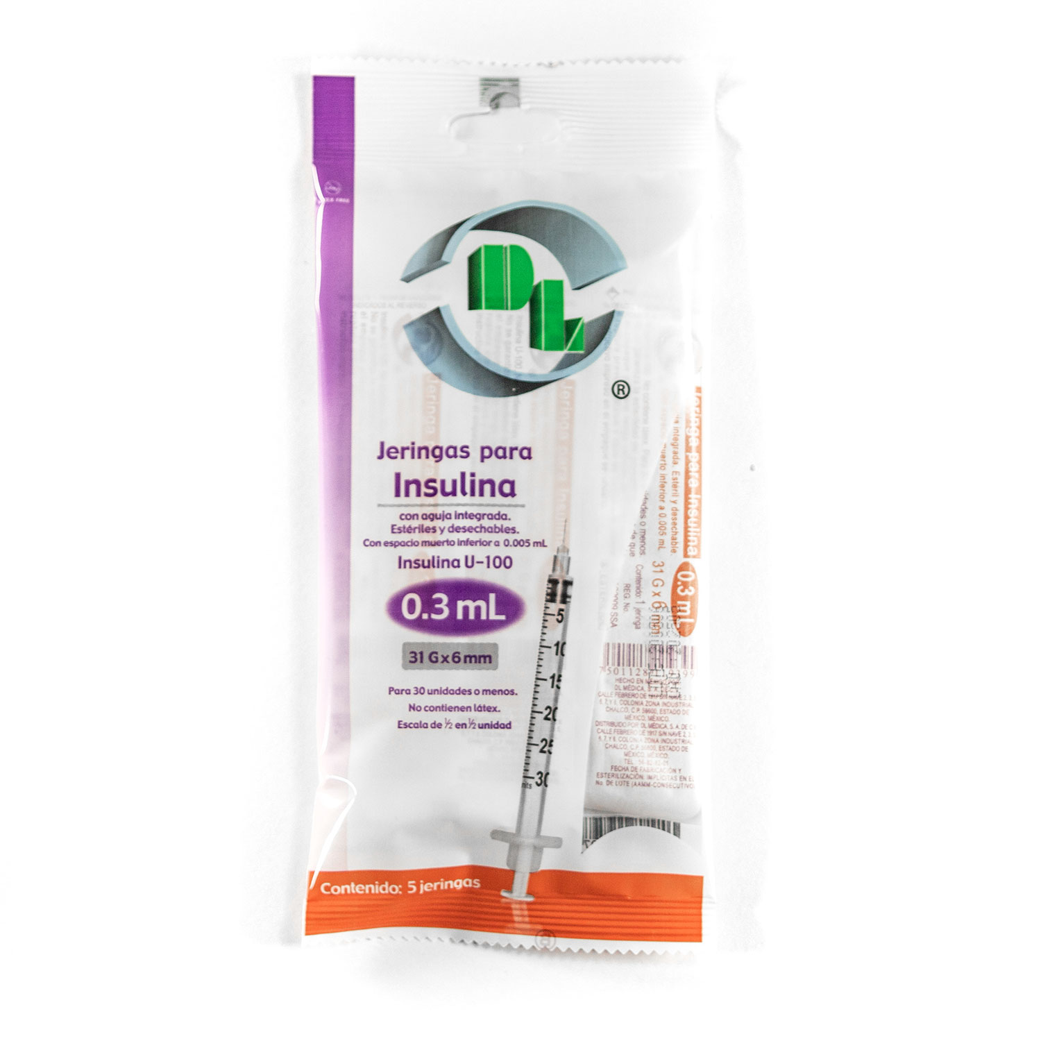 JERINGA  0.3mL. (DL) Insulina c/AGUJA INTEGRADA 31Gx6mm. c/ 5 Pzs.