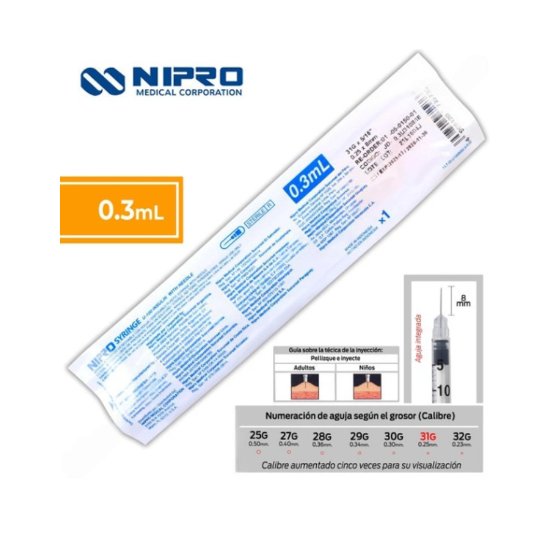 JERINGA  0.3mL. (Nipro) Insulina c/AGUJA INTEGRADA 31Gx8mm. c/1 Pza.