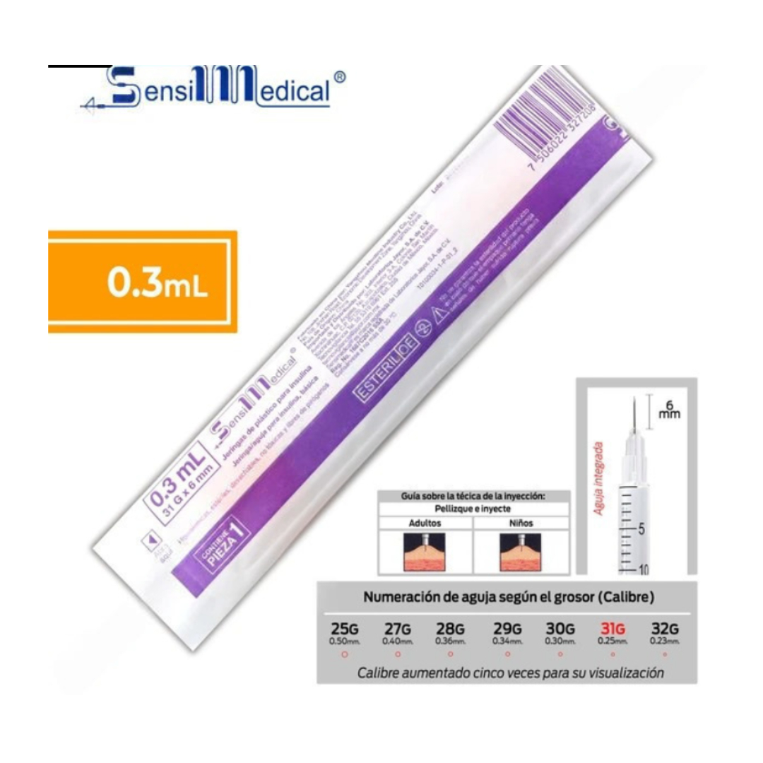 JERINGA  0.3mL. (SensiMedical) Insulina c/AGUJA INTEGRADA 31Gx6mm. c/1 Pza.