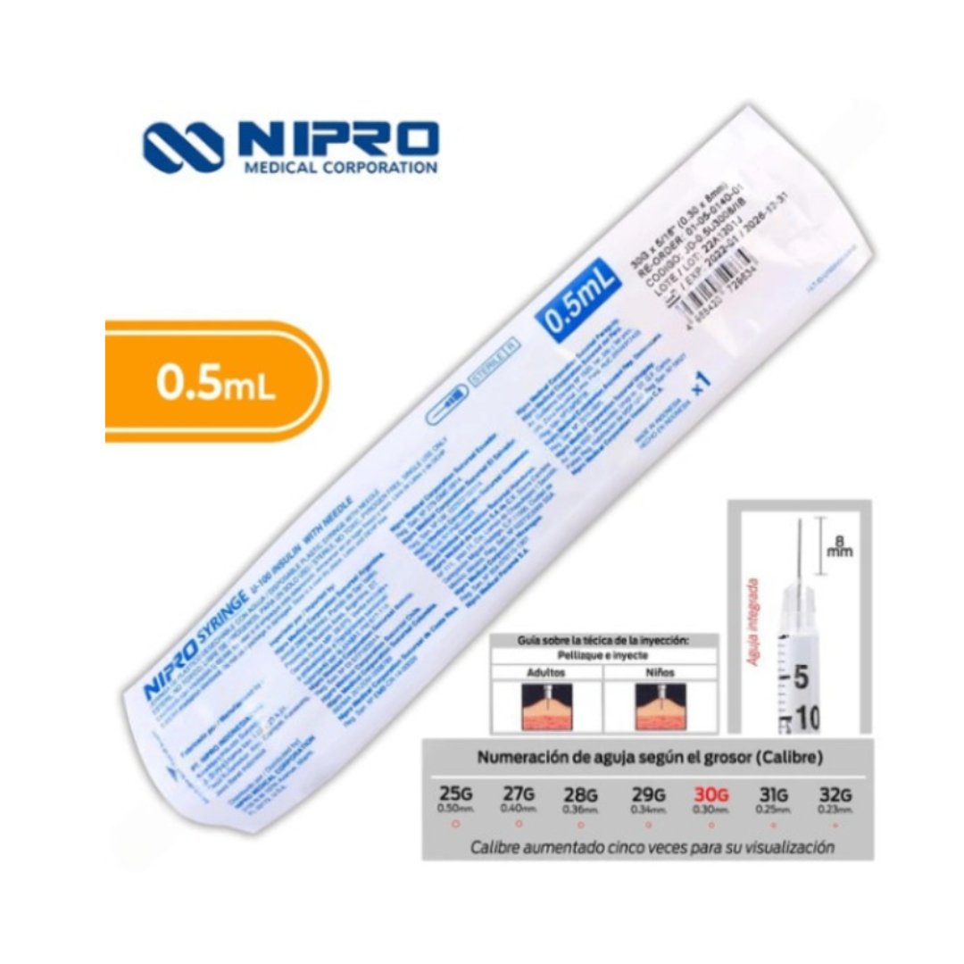 JERINGA  0.5mL. (Nipro) Insulina c/AGUJA INTEGRADA 30Gx8mm. c/1 Pza.