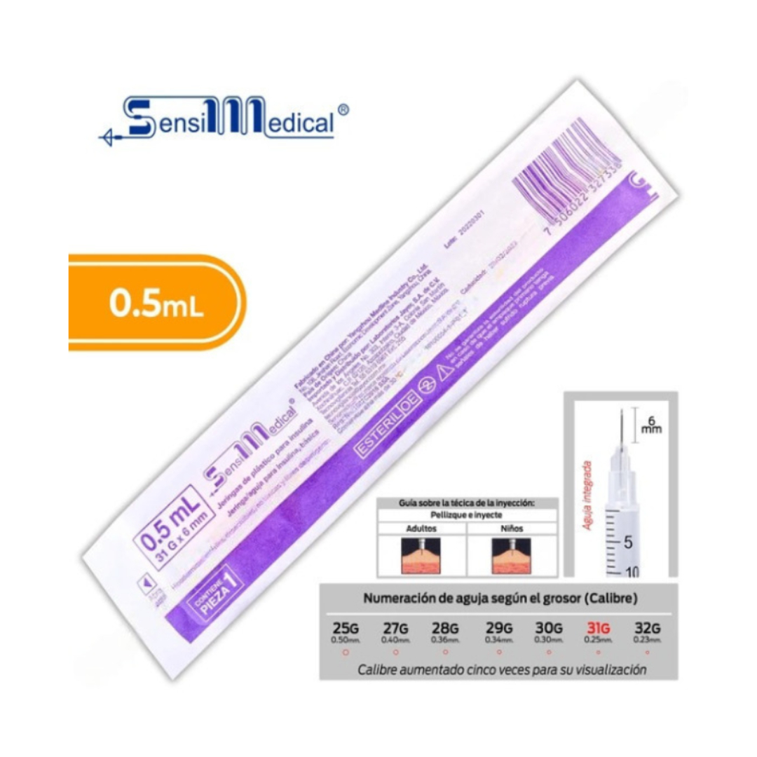 JERINGA  0.5mL. (SensiMedical) Insulina c/AGUJA INTEGRADA 31Gx6mm. c/1 Pza.