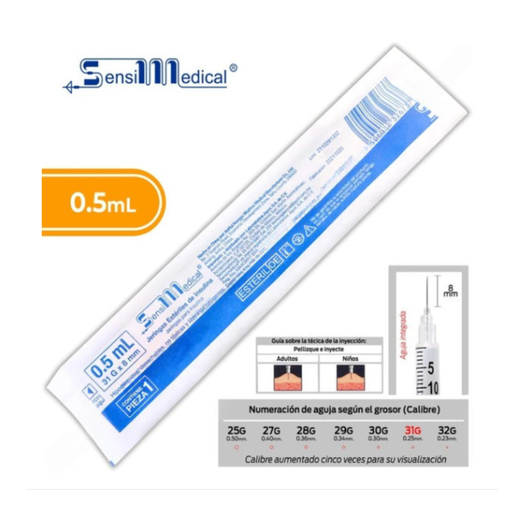 JERINGA  0.5mL. (SensiMedical) Insulina c/AGUJA INTEGRADA 31Gx8mm. c/1 Pza.
