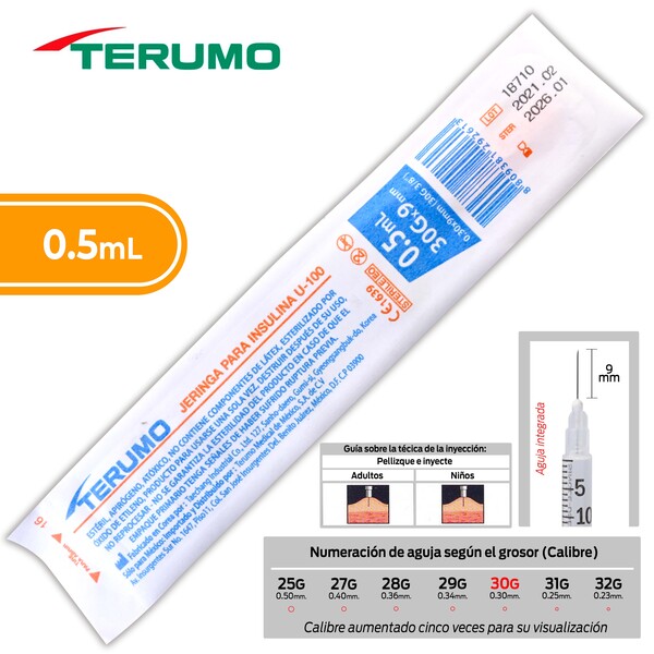 JERINGA  0.5mL. (Terumo) Insulina c/AGUJA INTEGRADA 30Gx9mm. c/1 Pza.