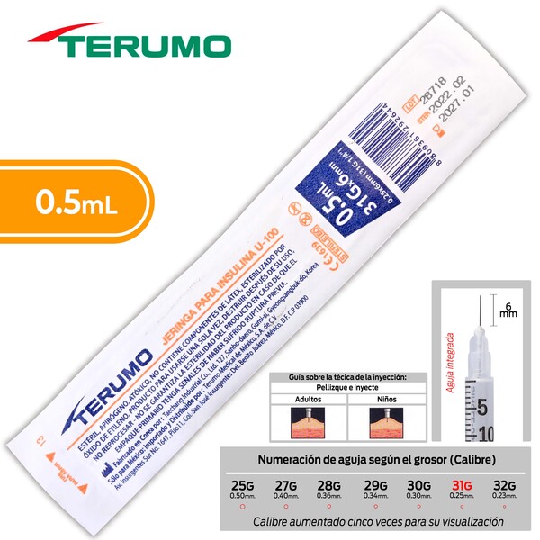 JERINGA  0.5mL. (Terumo) Insulina c/AGUJA INTEGRADA 31Gx6mm. c/1 Pza.