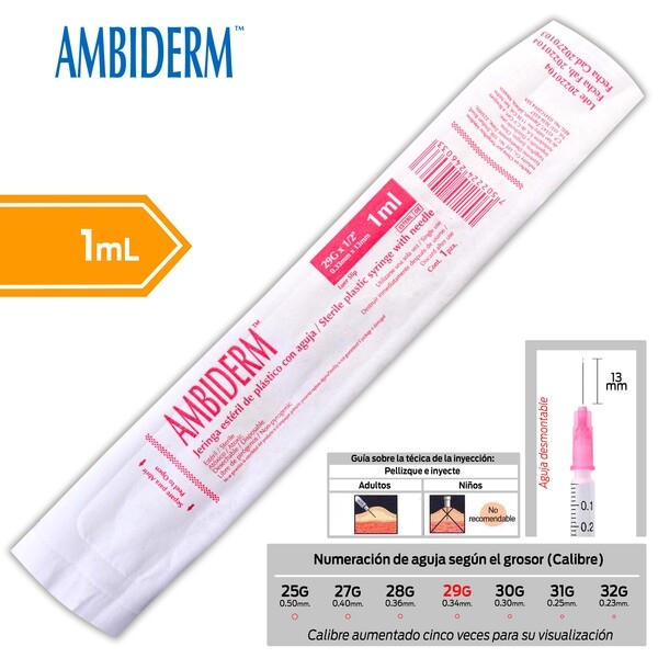 JERINGA  1mL. (Ambiderm) Insulina c/AGUJA DESMONTABLE 29Gx13mm. c/1 Pza.