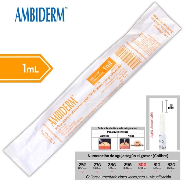 JERINGA  1mL. (Ambiderm) Insulina c/AGUJA DESMONTABLE 30Gx13mm. c/1 Pza.