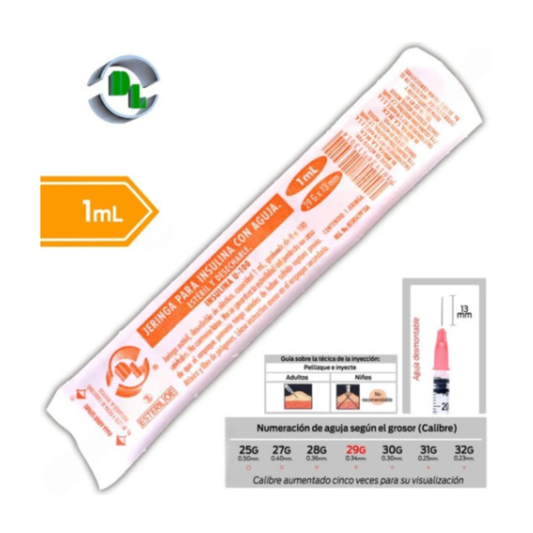 JERINGA  1mL. (DL) Insulina c/AGUJA DESMONTABLE 29Gx13mm. c/ 1 Pza.