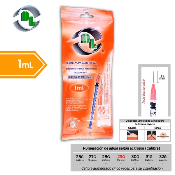 JERINGA  1mL. (DL) Insulina c/AGUJA DESMONTABLE 29Gx13mm. c/ 5 Pzs.