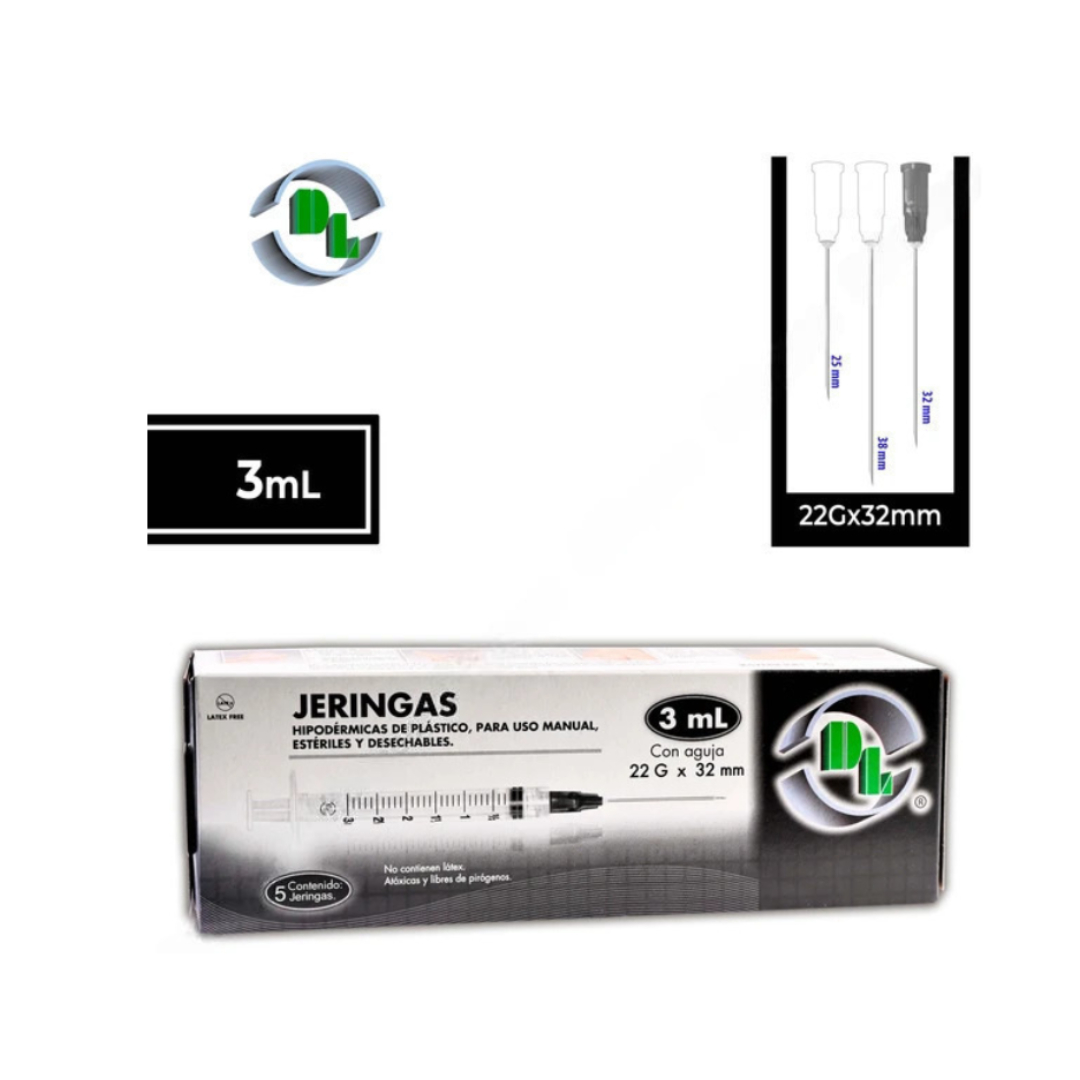 JERINGA  3 mL. (DL) c/AGUJA 22Gx32mm. c/5 Pzs.