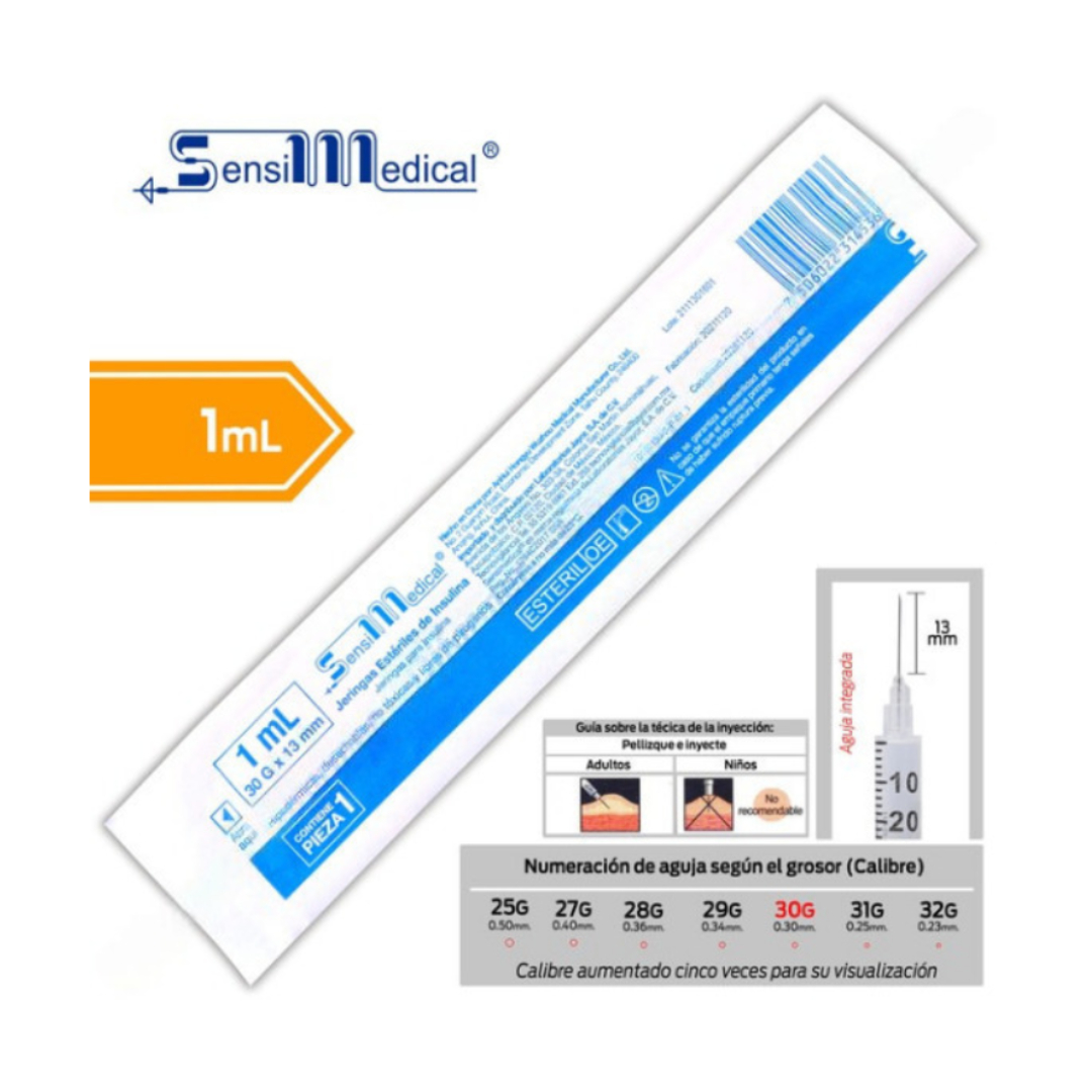 JERINGA  1mL. (SensiMedical) Insulina c/AGUJA INTEGRADA 30Gx13mm. c/1 Pza.