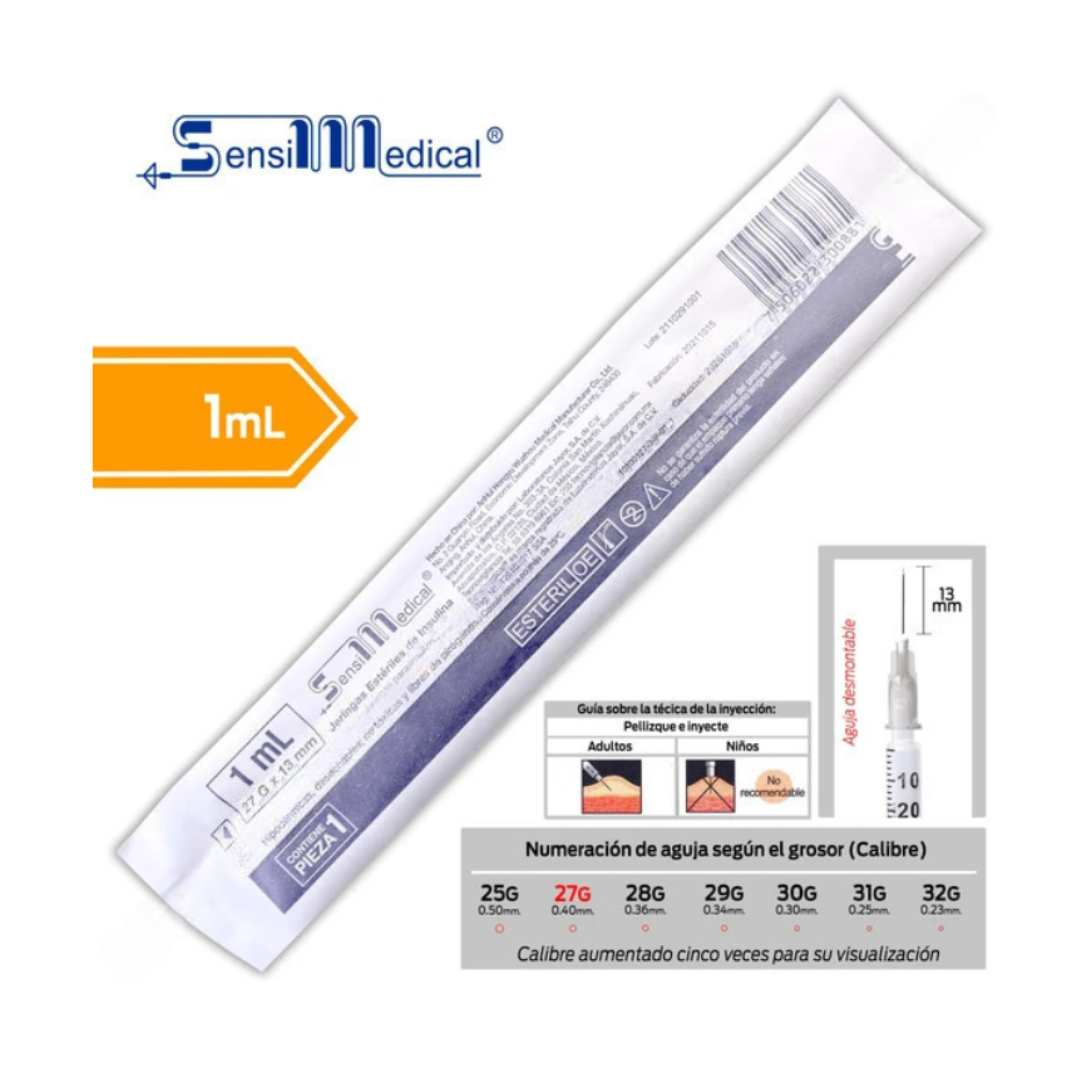 JERINGA  1mL. (SensiMedical) Insulina c/AGUJA DESMONTABLE 27Gx13mm. c/1 Pza.