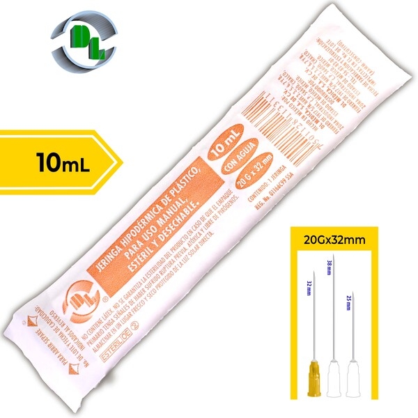 JERINGA 10 mL. (DL) c/AGUJA 20Gx32mm. c/1 Pza.