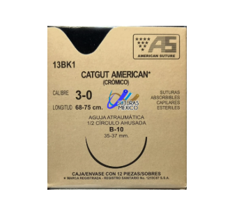 CATGUT CRÓMICO (American) Cal. 3-0/L: 68-75cm/Aguja B-10 Sob. c/1 Pza.