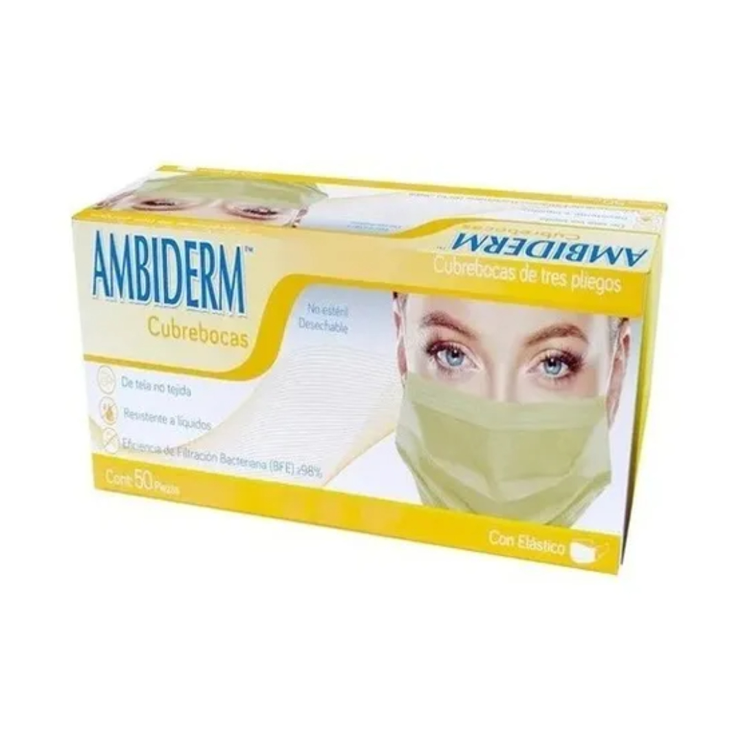CUBREBOCAS ADULTO DCHBLE. 3 PLIEGUES Col. Amarillo (Ambiderm) Cja. c/50 Pzs.