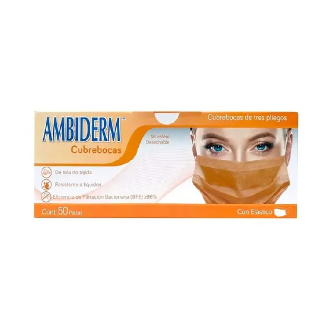 CUBREBOCAS ADULTO DCHBLE. 3 PLIEGUES Col. Anaranjado (Ambiderm) Cja. c/50 Pzs.