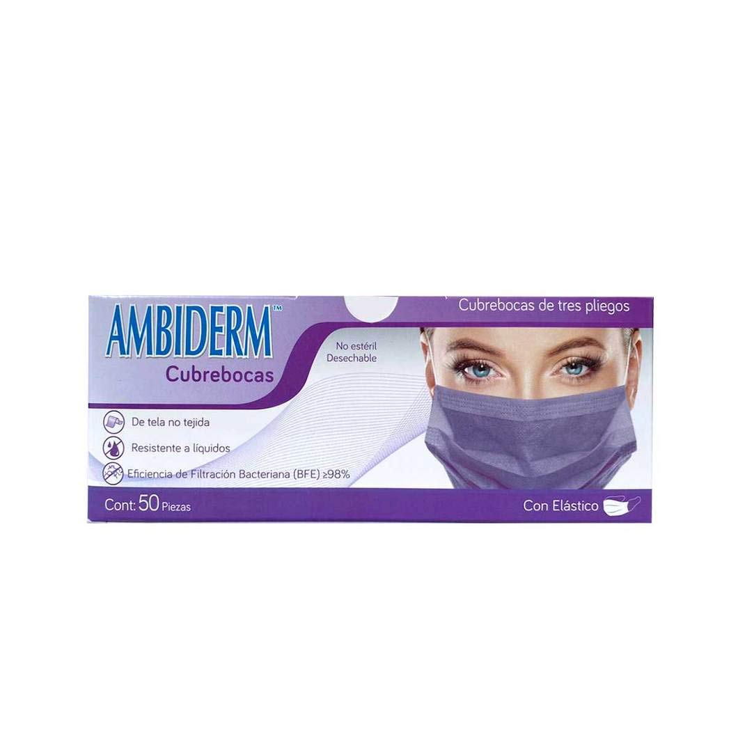 CUBREBOCAS ADULTO DCHBLE. 3 PLIEGUES Col. Violeta (Ambiderm) Cja. c/50 Pzs.