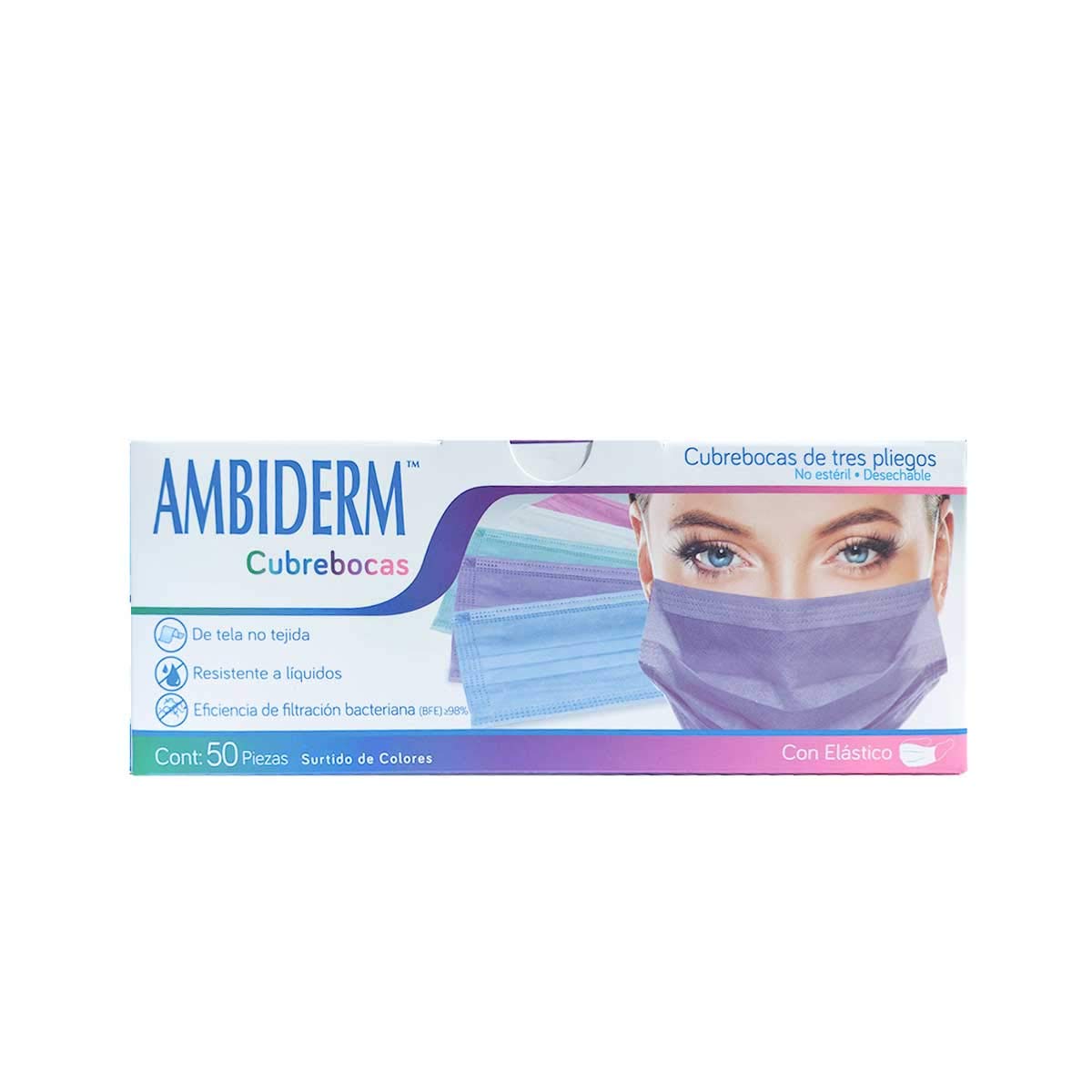 CUBREBOCAS ADULTO DCHBLE. 3 PLIEGUES Cols. Surtidos (Ambiderm) Cja. c/50 Pzs.
