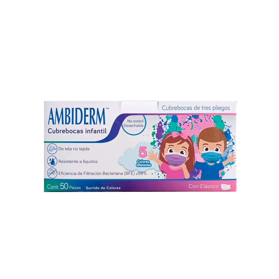 CUBREBOCAS INFANTIL DCHBLE 3 PLIEGUES Cols. Surtidos (Ambiderm) Cja c/50 Pzs.