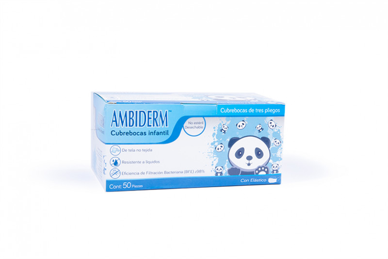 CUBREBOCAS INFANTIL DCHBLE. 3 PLIEGUES Col. Azul/Figs. (Ambiderm) Cja. c/50 Pzs.
