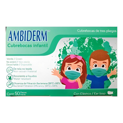CUBREBOCAS INFANTIL DCHBLE. 3 PLIEGUES Col. Verde (Ambiderm) Cja. c/50 Pzs.