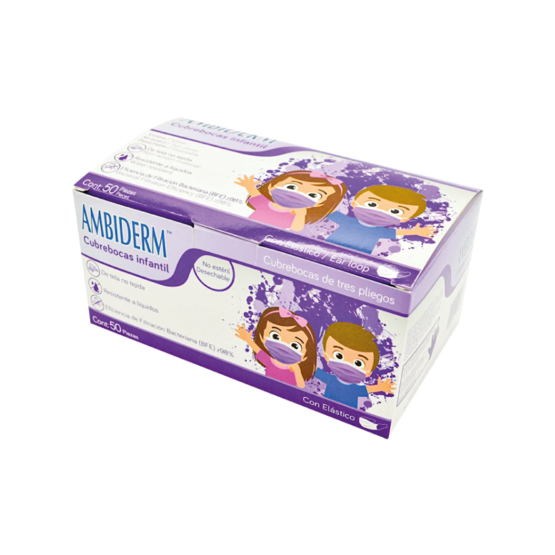 CUBREBOCAS INFANTIL DCHBLE. 3 PLIEGUES Col. Violeta (Ambiderm) Cja. c/50 Pzs.