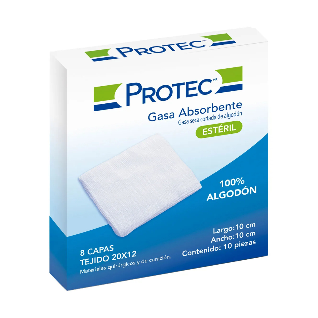 GASA ABSORBENTE Estéril (Protec) 10x10cm. T20x12, 8C. Cja. c/10 Sobs.