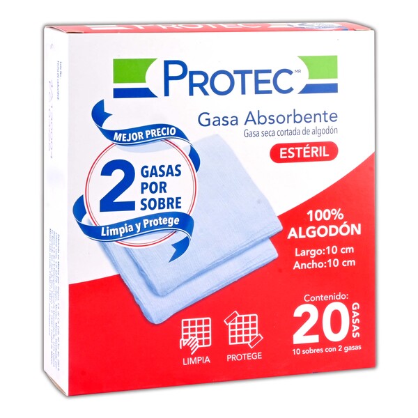 GASA ABSORBENTE Estéril (Protec) 10x10cm. T20x12, 8C. Cja. c/10 Sobs. c/2 Pzs.