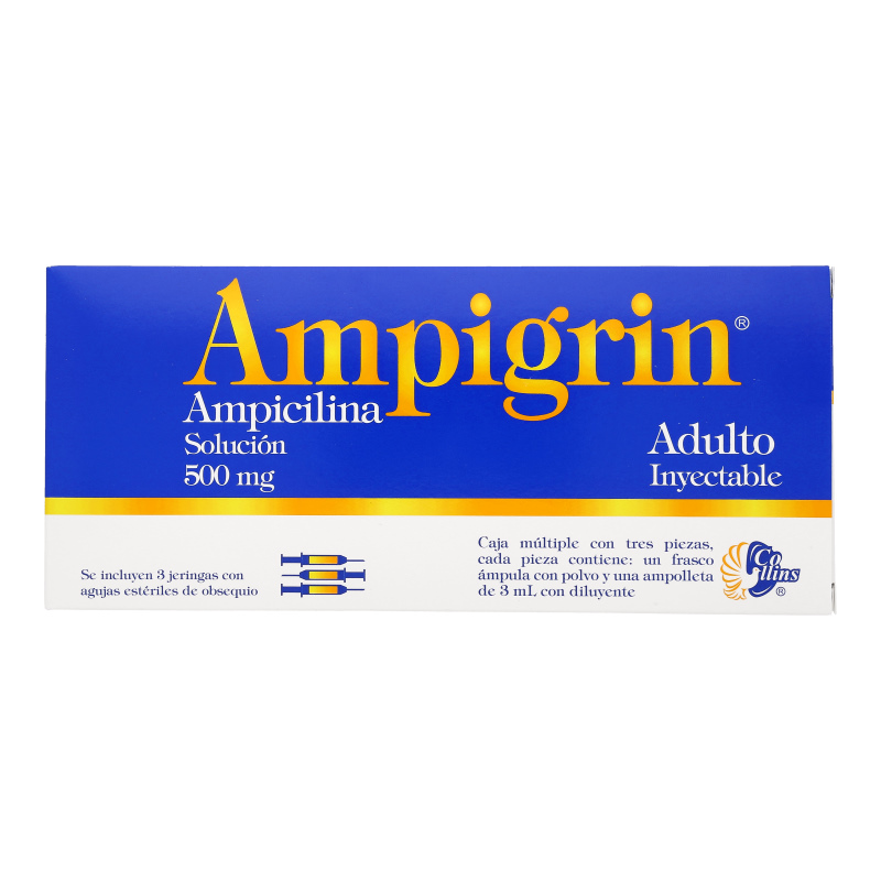 AMPIGRIN ADULTO Sol. Iny. c/3 FCOS. AMP. 500 MG. y 3 Jeringas.