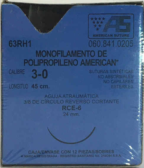 POLIPROPILENO (American) Cal. 3-0/L: 45cm/Aguja RCE-6 Sob. c/1 Pza.