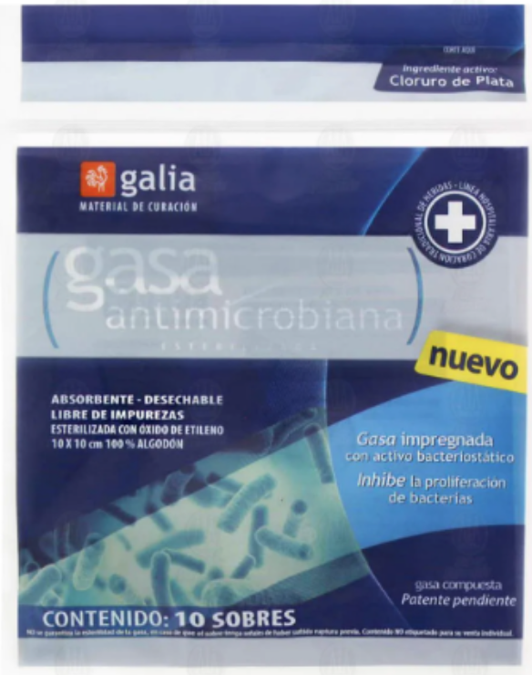 GASA COMPUESTA ANTIMICROBIANA (Galia) Estéril 10x10cm. Bolsa c/10 Sobs.