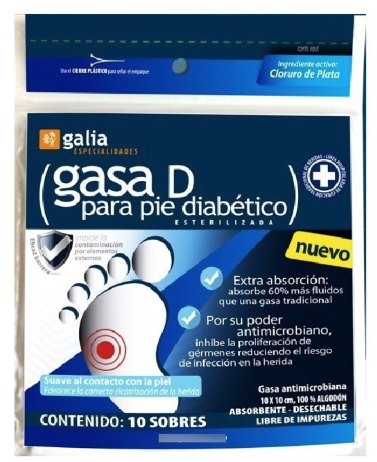 GASA COMPUESTA "D" PARA PIE DIABÉTICO (Galia) Estéril 10x10cm. Bolsa c/10 Sobs.
