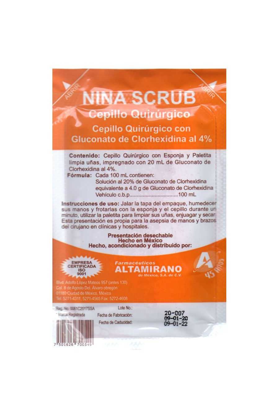 NINA SCRUB Cepillo Quirúrgico G.C. 4% c/1 Pza.